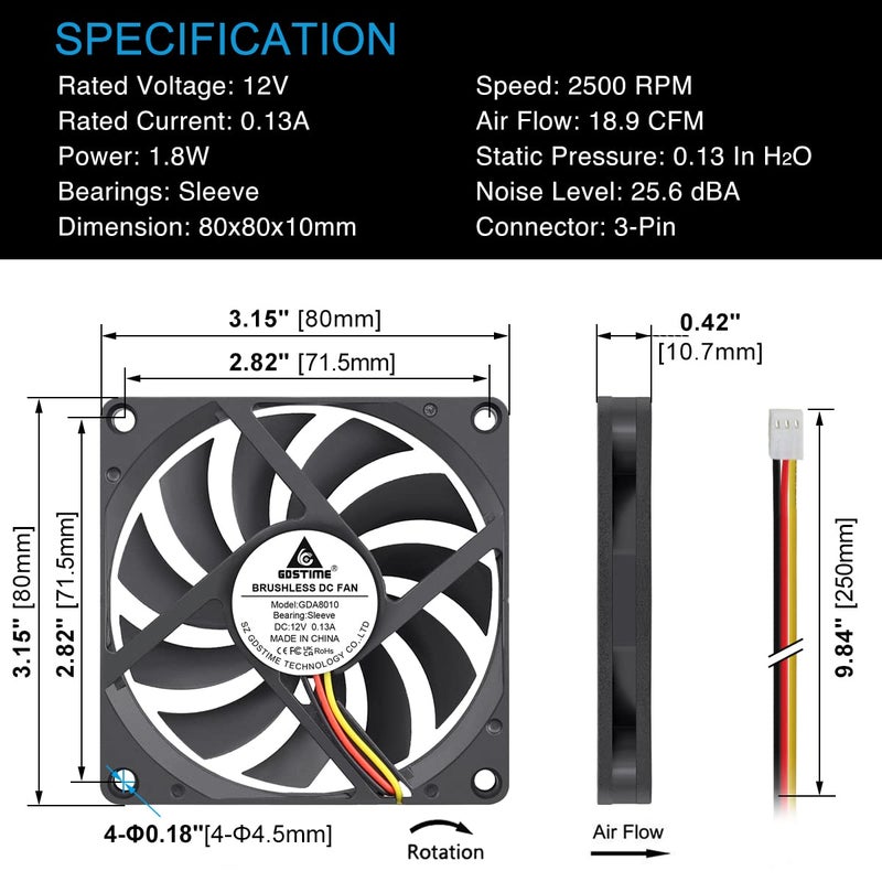 GDSTIME Quiet 80mm Fan, 12V 3PIN 80mm x 80mm x 10mm Brushless DC Fan for CPU Coolers - Image 5